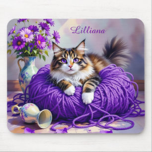 Cat in Purple Yarn and Flowers Personalized Mouse Pad