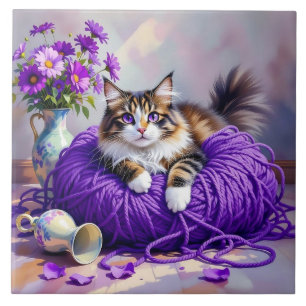 Cat in Purple Yarn and Flowers Tile