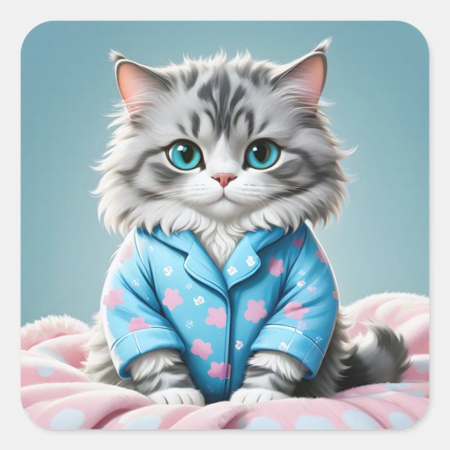 Cat In Pyjamas Square Sticker (Front)