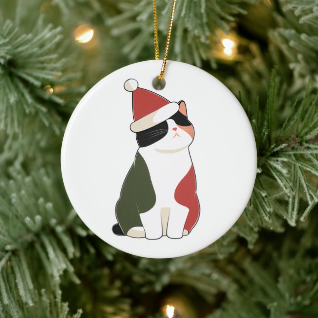 Cat in Santa Hat – Cute Holiday Illustration Ceramic Ornament (Tree)