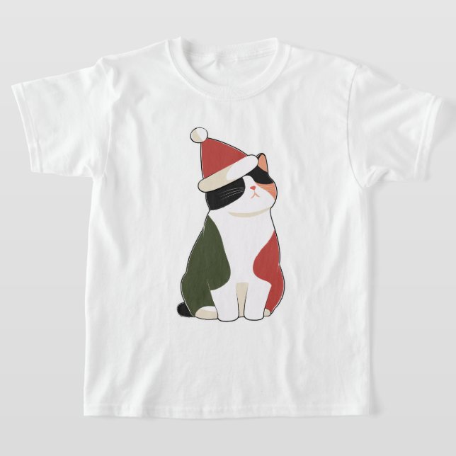 Cat in Santa Hat – Cute Holiday Illustration T-Shirt (Laydown)
