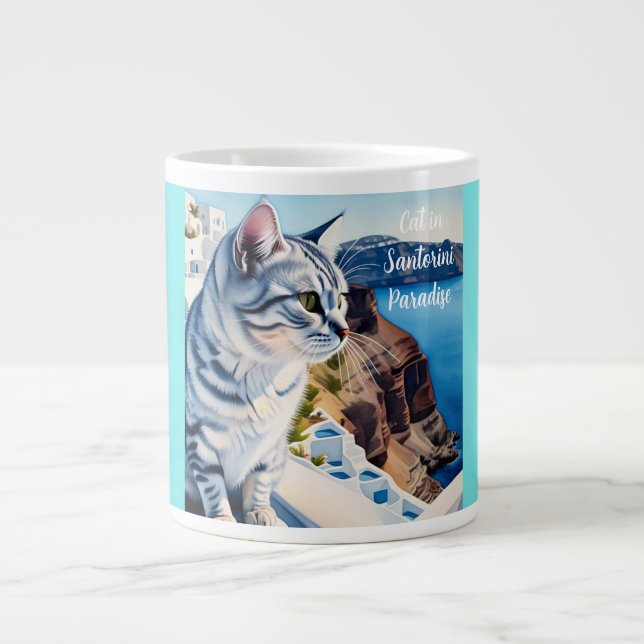 Cat in Santorini Paradise Large Coffee Mug (Front)