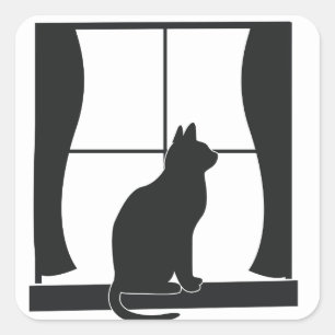 Cat in Silhouette Sitting at the Window Square Sticker