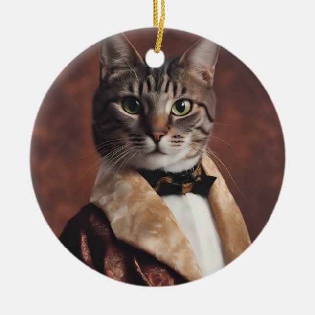 Cat in Smoking Jacket Ceramic Ornament (Front)