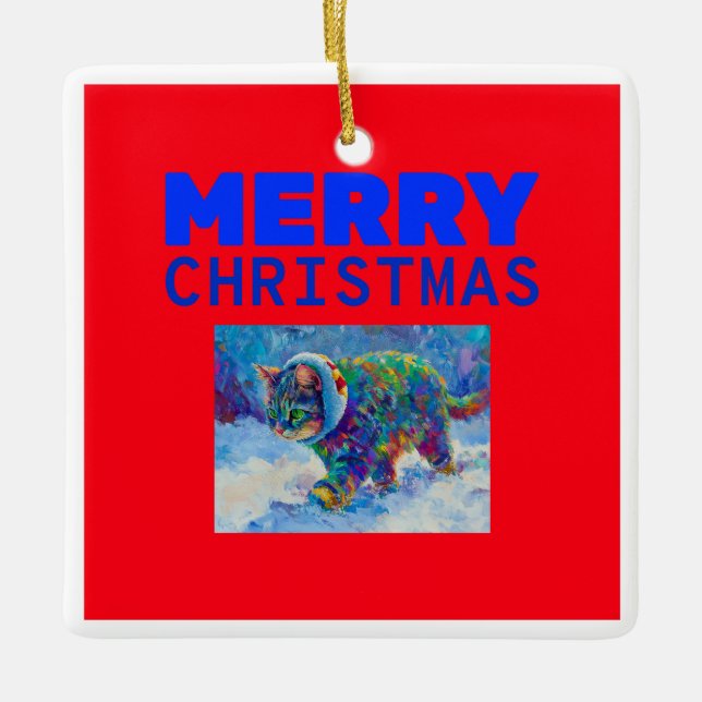 Cat in Snow Wearing Ear Muffs Ceramic Ornament (Front)