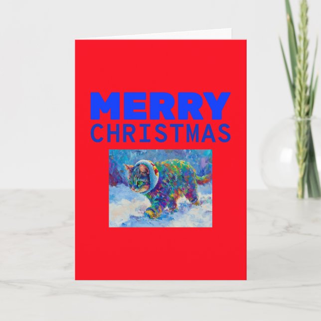 Cat in Snow Wearing Ear Muffs Holiday Card (Front)
