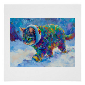 Cat in Snow Wearing Ear Muffs Poster
