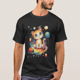 cat in space with planets in galaxies jupiter kids T-Shirt