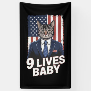 Cat in Suite with Trump Hair American Flag 9 Lives Banner