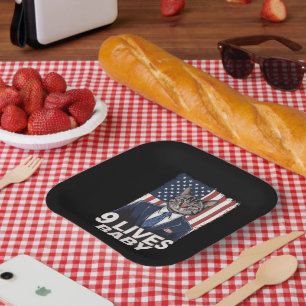 Cat in Suite with Trump Hair American Flag 9 Lives Paper Plate