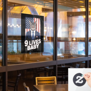 Cat in Suite with Trump Hair American Flag 9 Lives Window Cling