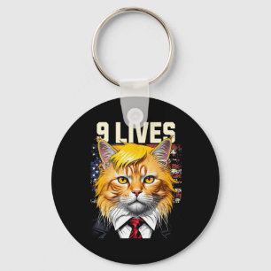 Cat In Suite With Trump Hair Nine Lives Usa Flag M Keychain