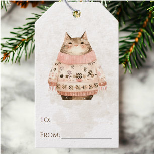 Cat in Sweater Scandinavian Watercolor Christmas Gift Tags