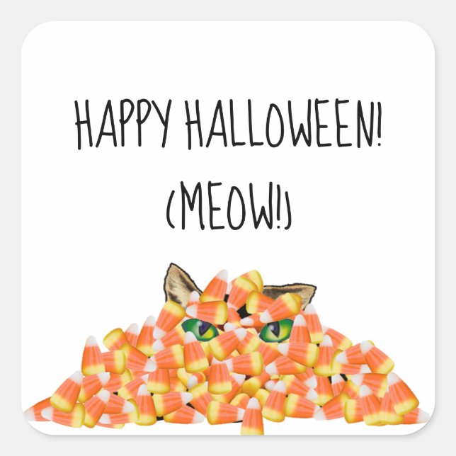 Cat in the Candy Corn Funny Halloween Square Stick Square Sticker (Front)