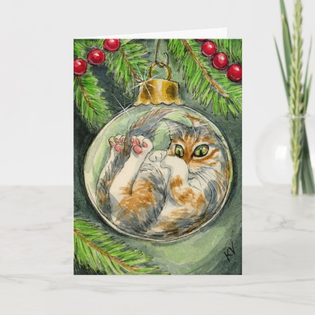 Cat in the Christmas ornament card (Front)