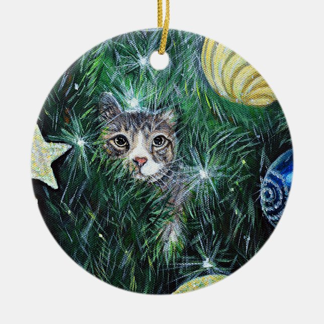 Cat in the Christmas Tree Painting Ceramic Ornament (Front)