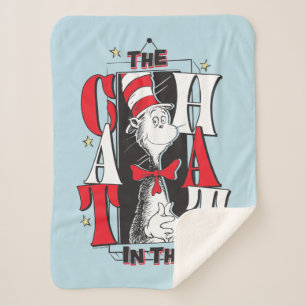 Cat In the Hat   B&W Text Sherpa Blanket