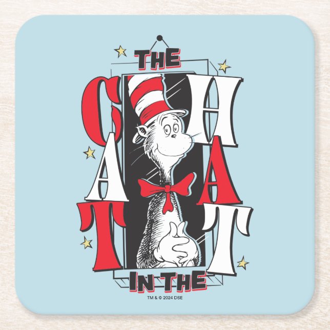 Cat In the Hat | B&W Text Square Paper Coaster (Front)