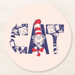 Cat In the Hat   Cat Face Text Round Paper Coaster