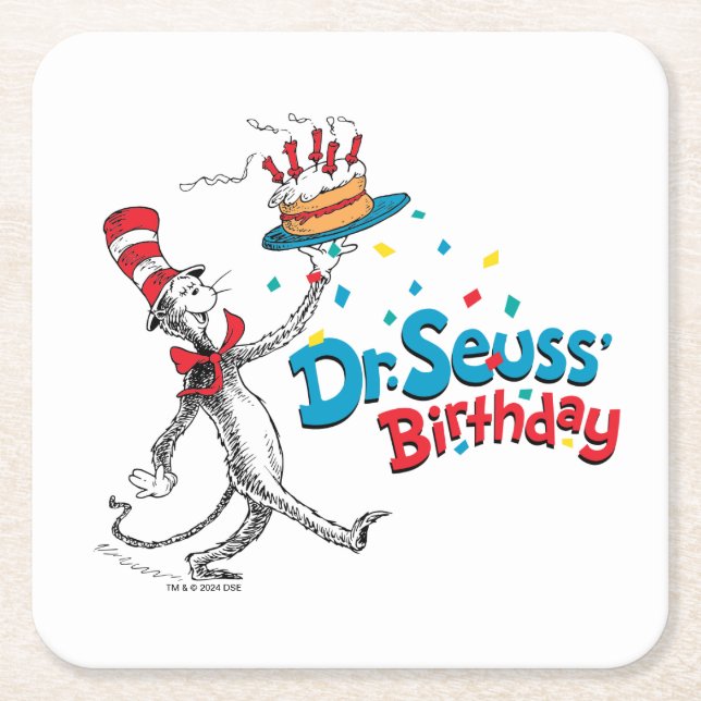 Cat in the Hat | Dr. Seuss's Birthday Square Paper Coaster (Front)
