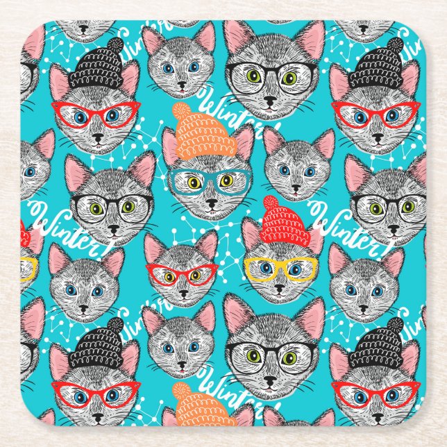 Cat in the hat square paper coaster (Front)