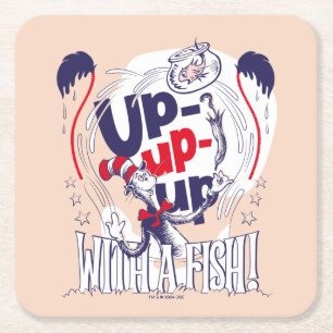 Cat In the Hat   Up-Up-Up With A Fish Square Paper Coaster