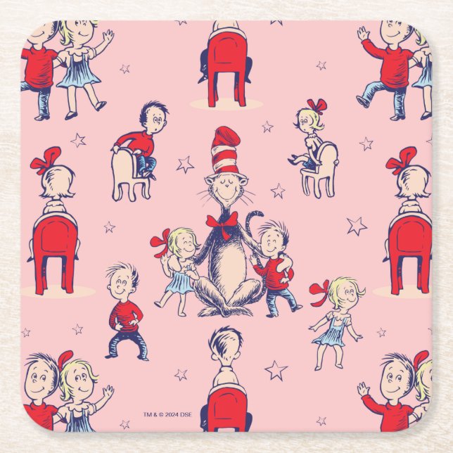 Cat In The Hat | With Kids Pattern Square Paper Coaster (Front)