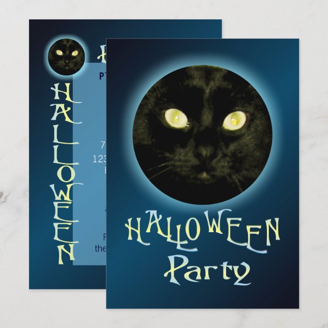 Cat in the Moon Halloween Party Invitations (Front/Back)