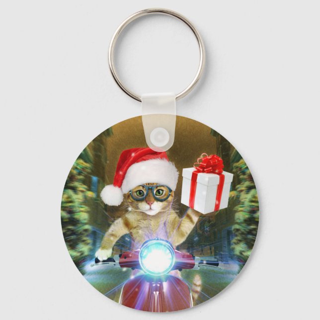 Cat in the Santa Claus hat delivers Christmas gift Keychain (Front)