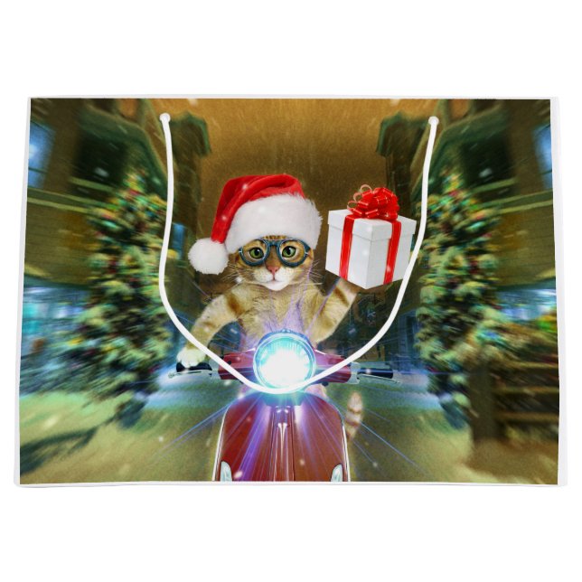 Cat in the Santa Claus hat delivers Christmas gift Large Gift Bag (Front)