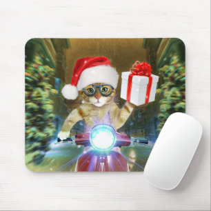Cat in the Santa Claus hat delivers Christmas gift Mouse Pad