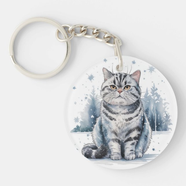 Cat in the Snow 1 Round Acrylic Keychain (Front)