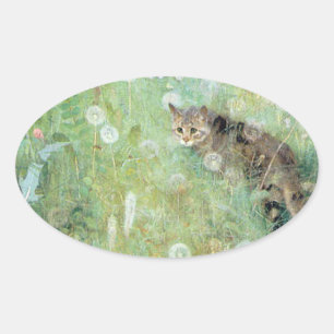 Cat in the Summer Meadow, Bruno Liljefors Oval Sticker