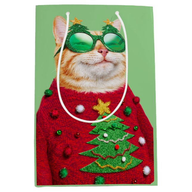 Cat in Ugly Christmas Sweater Medium Gift Bag (Front)
