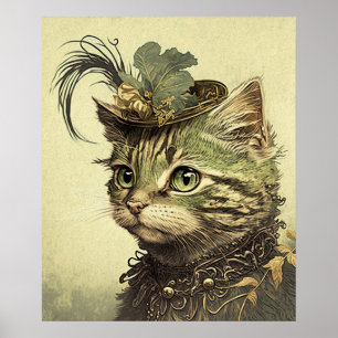 Cat in Vintage Dress Code Feather Hat Poster Print