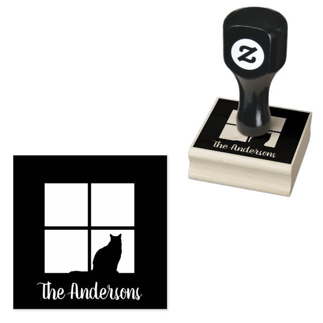 Cat in Window Simple Modern Script Name Cute Rubber Stamp (Stamped)