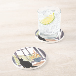 Cat in Windowsill   Silhouette Watercolor  Coaster