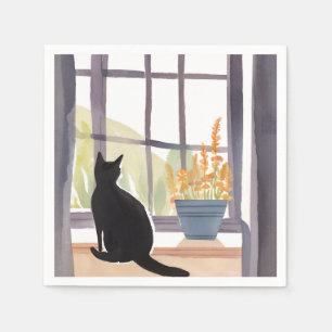 Cat in Windowsill   Silhouette Watercolor  Napkin