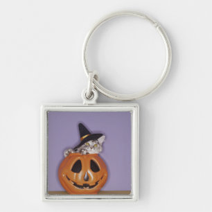 Cat in witch hat inside pumpkin keychain