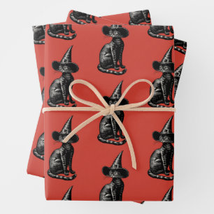 Cat in Witch Hat Vintage Illustration Wrapping Paper Sheet