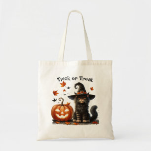 Cat in Witch's Hat Halloween Trick or Treat Black Tote Bag