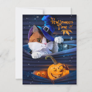 Cat in wizard hat and halloween pumpkin card