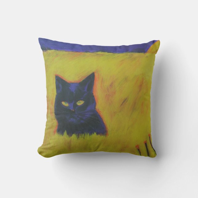 Cat in Yellow Field Throw Pillow (Front)