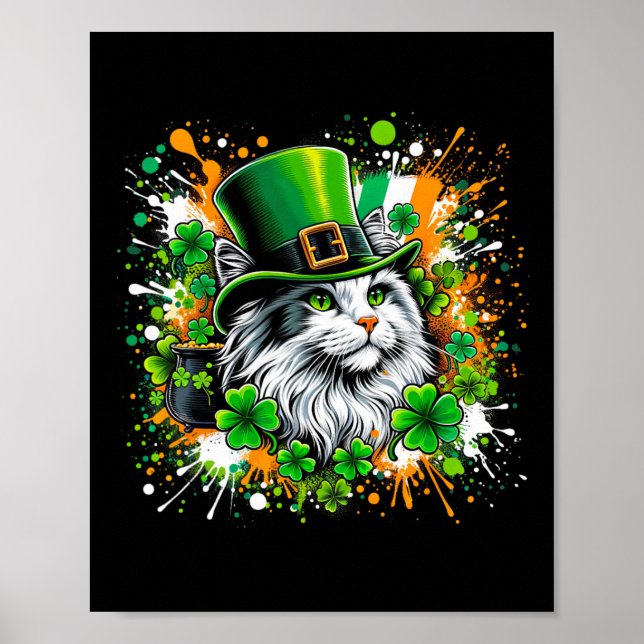 Cat Irish Patricks Day Wearing Leprechaun Hat  Poster (Front)