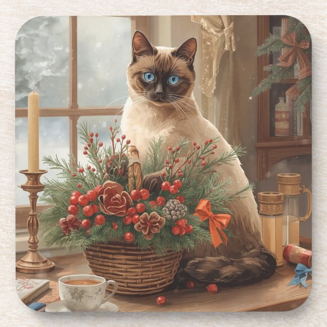 Cat is arranging Christmas Flowers Coaster (Front)
