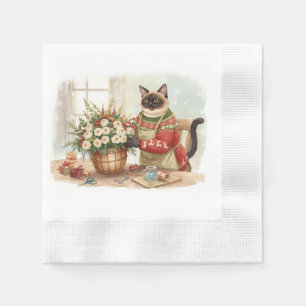Cat is arranging Christmas Flowers Napkin