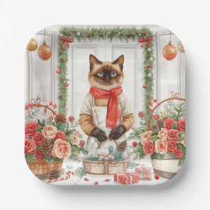 Cat is arranging Christmas Flowers Paper Plate