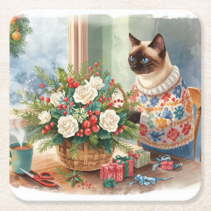 Cat is arranging Christmas Flowers Square Paper Coaster