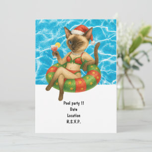 Cat is at the pool for pool party invitation