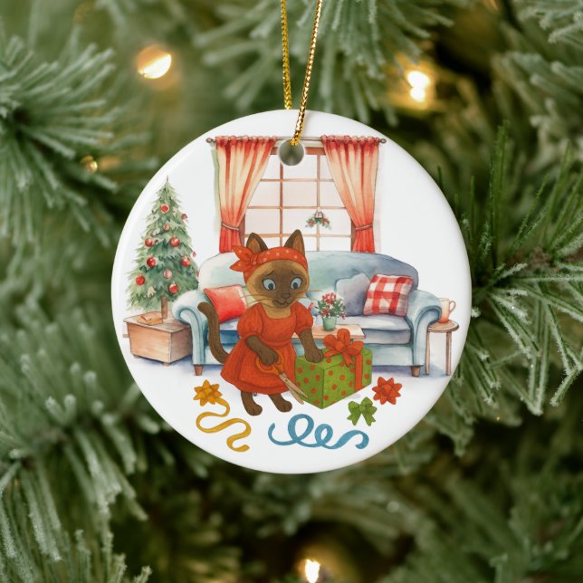 Cat is Christmas boxing  Ceramic Ornament (Tree)
